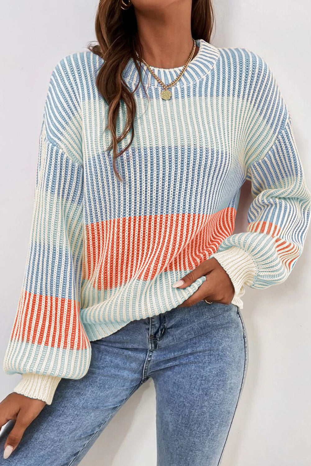 Multicolour Colorblock Textured Knit Bubble Sleeve Sweater-Sweaters & Cardigans/Sweaters-[Adult]-[Female]-Multicolour-S-2022 Online Blue Zone Planet