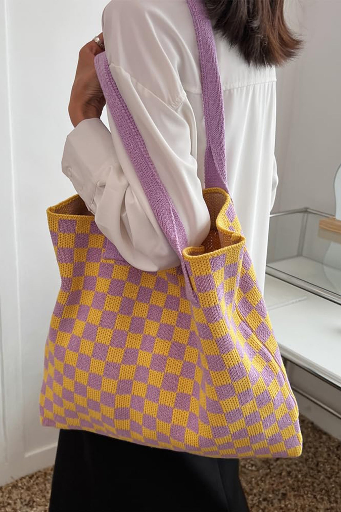 Ginger Checkered Knit Eco-Friendly Tote Bag-Shoes & Bags/Shoulder Bags-[Adult]-[Female]-2022 Online Blue Zone Planet