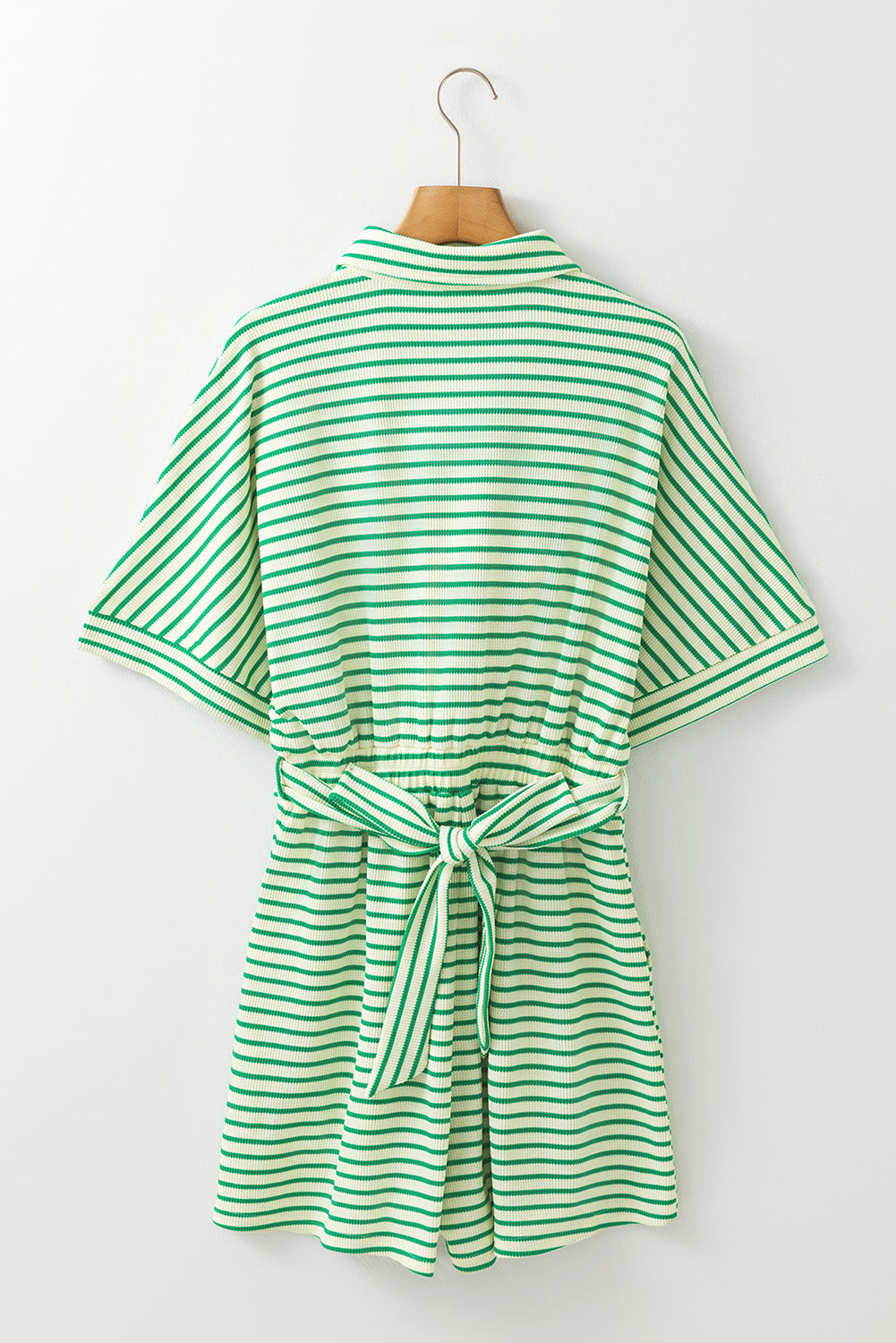 Green Stripe Textured Short Sleeve Collared Buttoned Waist Tie Romper-Rompers-[Adult]-[Female]-2022 Online Blue Zone Planet