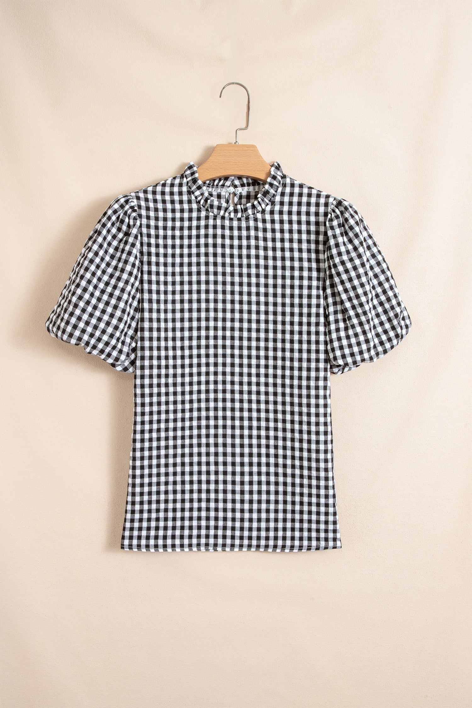 Black Plaid Short Puff Sleeve Frilled Neck Blouse-Tops/Blouses & Shirts-[Adult]-[Female]-2022 Online Blue Zone Planet