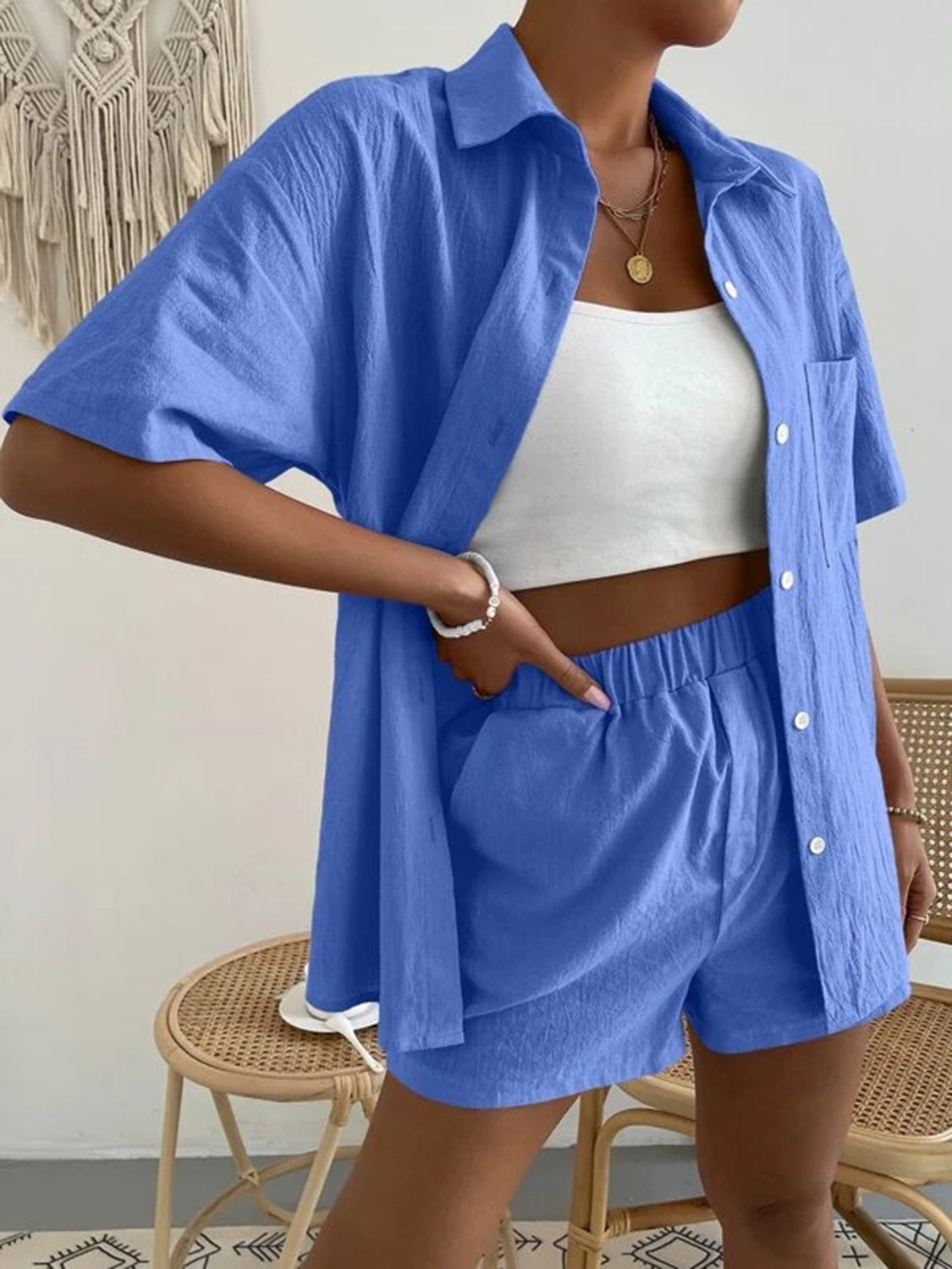 Blue Zone Planet | Button Up Short Sleeve Shirt and Shorts Set-TOPS / DRESSES-[Adult]-[Female]-2022 Online Blue Zone Planet