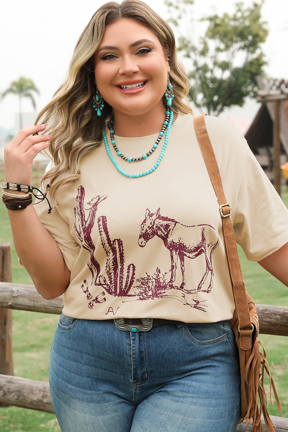Parchment Western Burro Cactus Crew Neck Graphic Tee-Plus Size/Plus Size Tops/Plus Size Tops & Tees-[Adult]-[Female]-2022 Online Blue Zone Planet