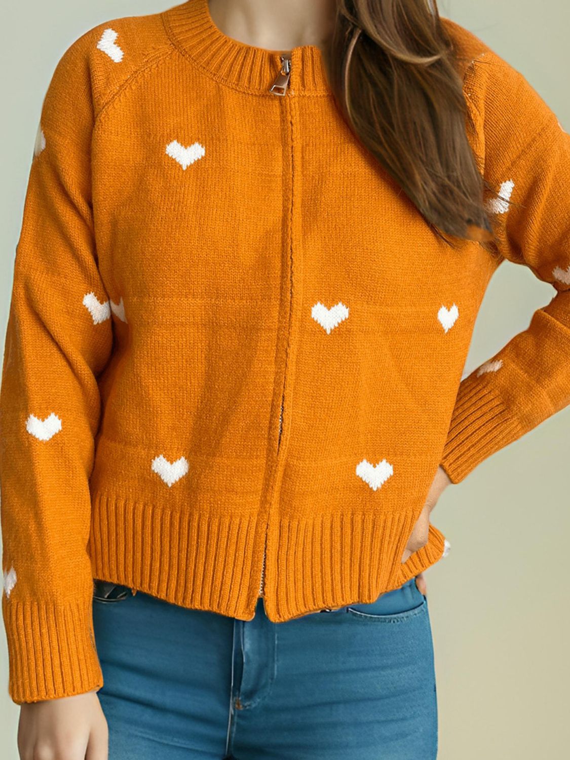 Heart Round Neck Zip Up Cardigan-NEW ARRIVALS-[Adult]-[Female]-2022 Online Blue Zone Planet