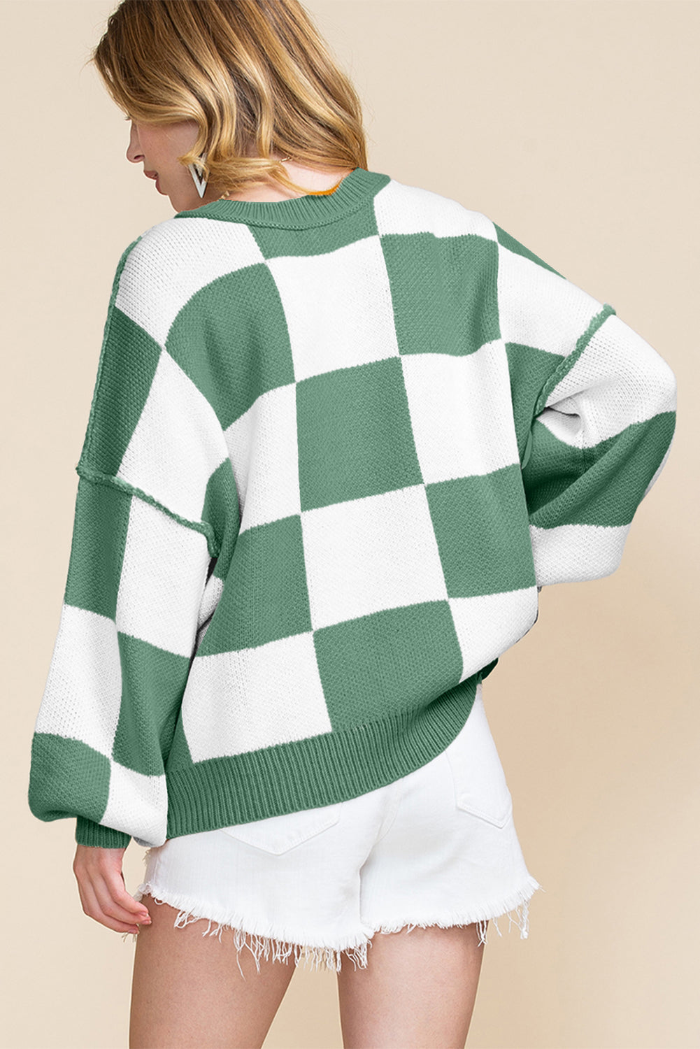 Rose Stripe Checkered Bishop Sleeve Sweater-Sweaters & Cardigans/Sweaters-[Adult]-[Female]-2022 Online Blue Zone Planet