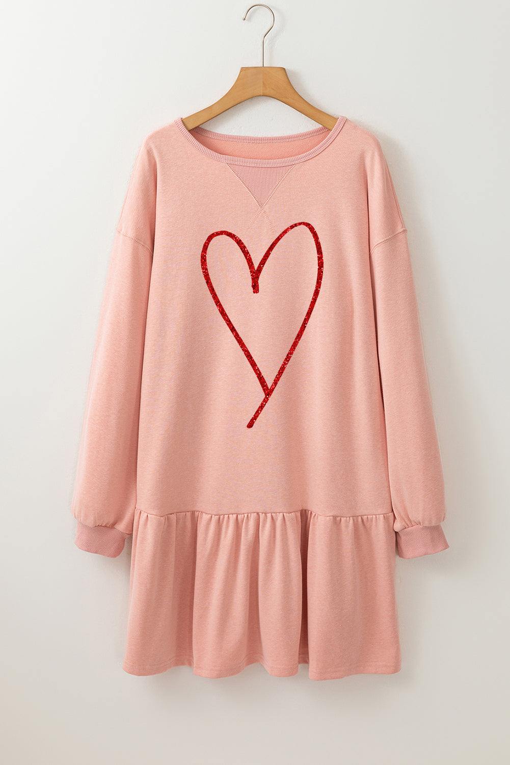 Dusty Pink Shimmer Heart Graphic Long Sleeve Ruffle Hem Dress-Graphic Apparel-[Adult]-[Female]-2022 Online Blue Zone Planet