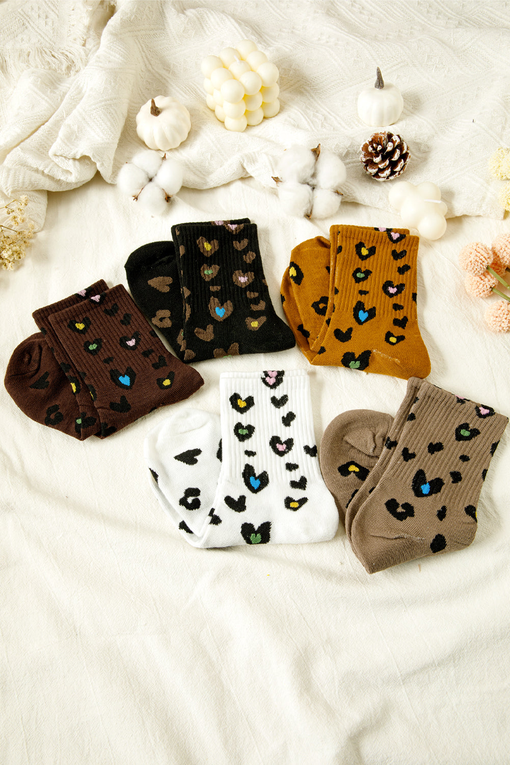 Bristol Black 5 Pairs Ribbed Trim Heart Leopard Print Socks-Socks-[Adult]-[Female]-2022 Online Blue Zone Planet