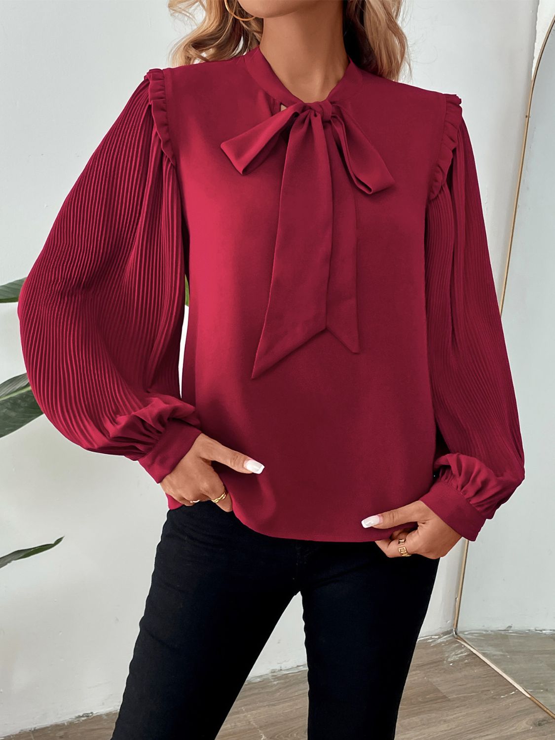 Blue Zone Planet | Perfee Frill Tie Neck Long Sleeve Blouse-TOPS / DRESSES-[Adult]-[Female]-Burgundy-S-2022 Online Blue Zone Planet