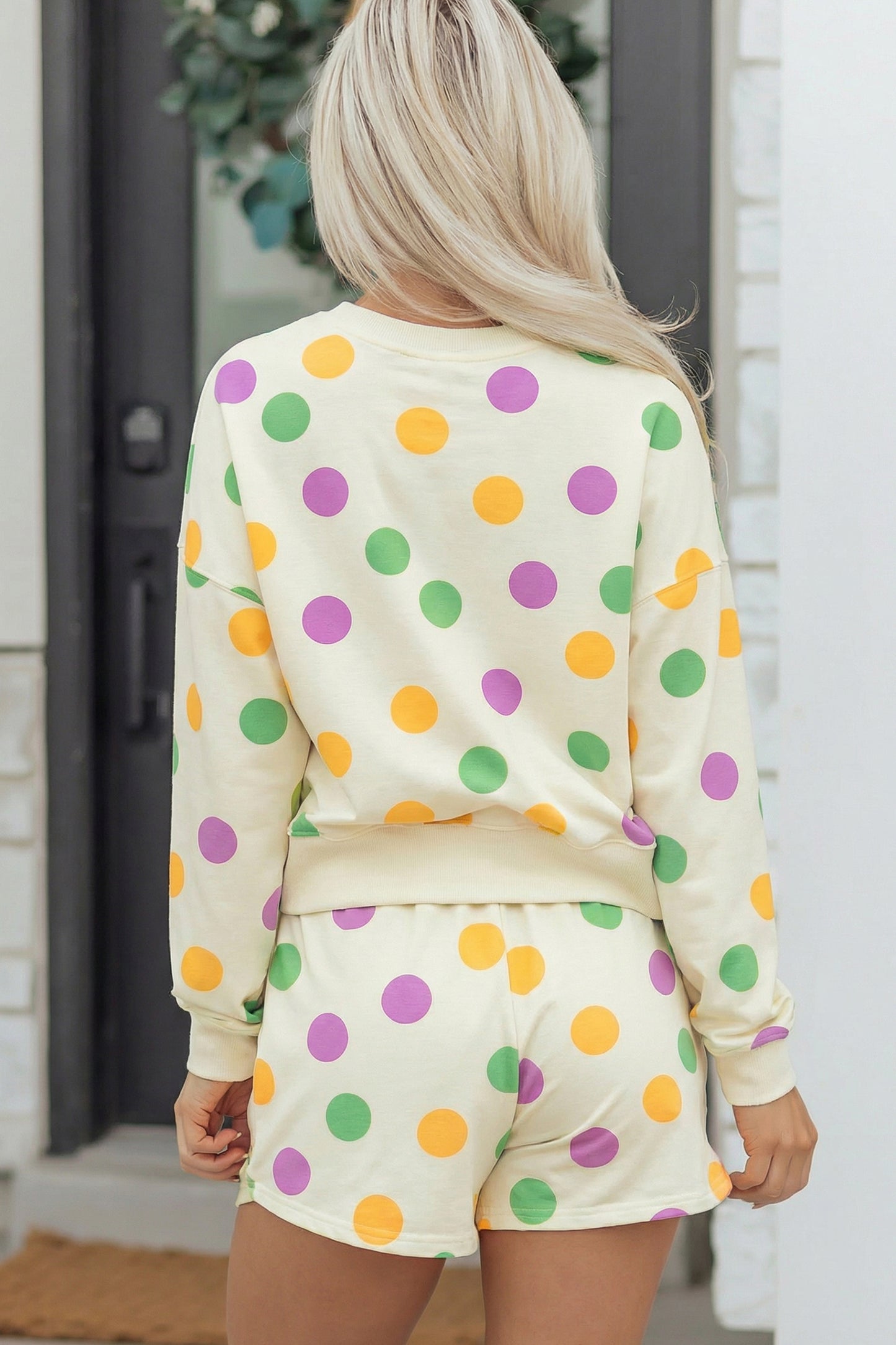 Multicolour Polka Dot Print Drop Shoulder Pullover Drawstring Shorts Set-Two Piece Sets/Short Sets-[Adult]-[Female]-2022 Online Blue Zone Planet
