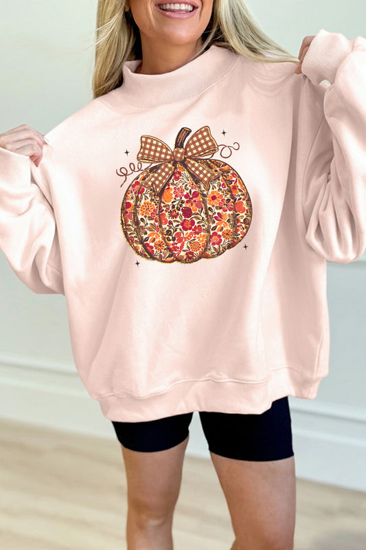 Apricot Pink Floral Pumpkin Graphic Mock Neck Oversized Sweatshirt-Graphic/Graphic Sweatshirts-[Adult]-[Female]-Apricot Pink-S-2022 Online Blue Zone Planet