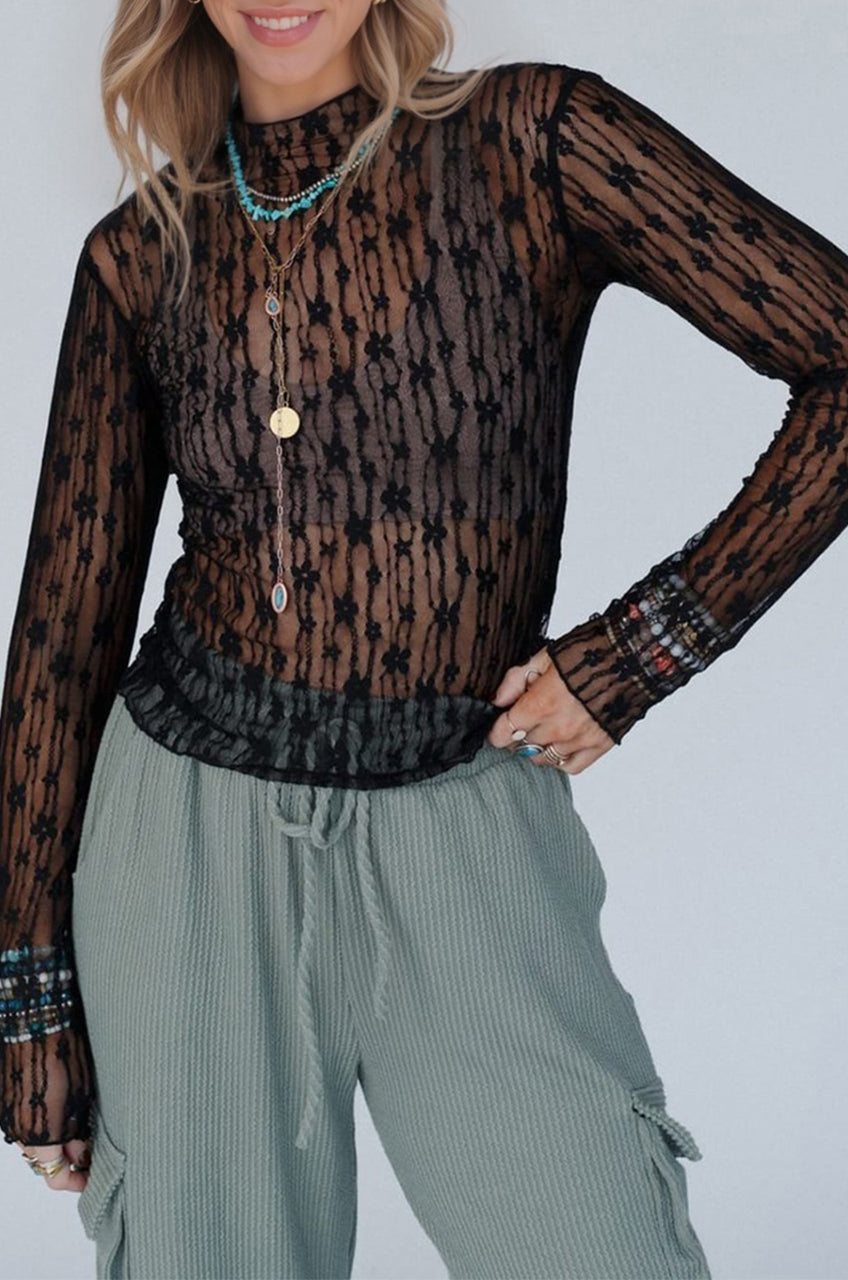 Black Sheer Floral Lace Long Sleeve Slim Fit Top-Tops/Long Sleeve Tops-[Adult]-[Female]-2022 Online Blue Zone Planet