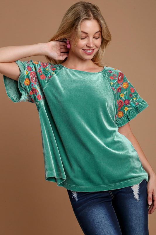 Blue Zone Planet | Umgee Velvet Embroidery Short Sleeve Blouse-TOPS / DRESSES-[Adult]-[Female]-Turquoise-S-2022 Online Blue Zone Planet