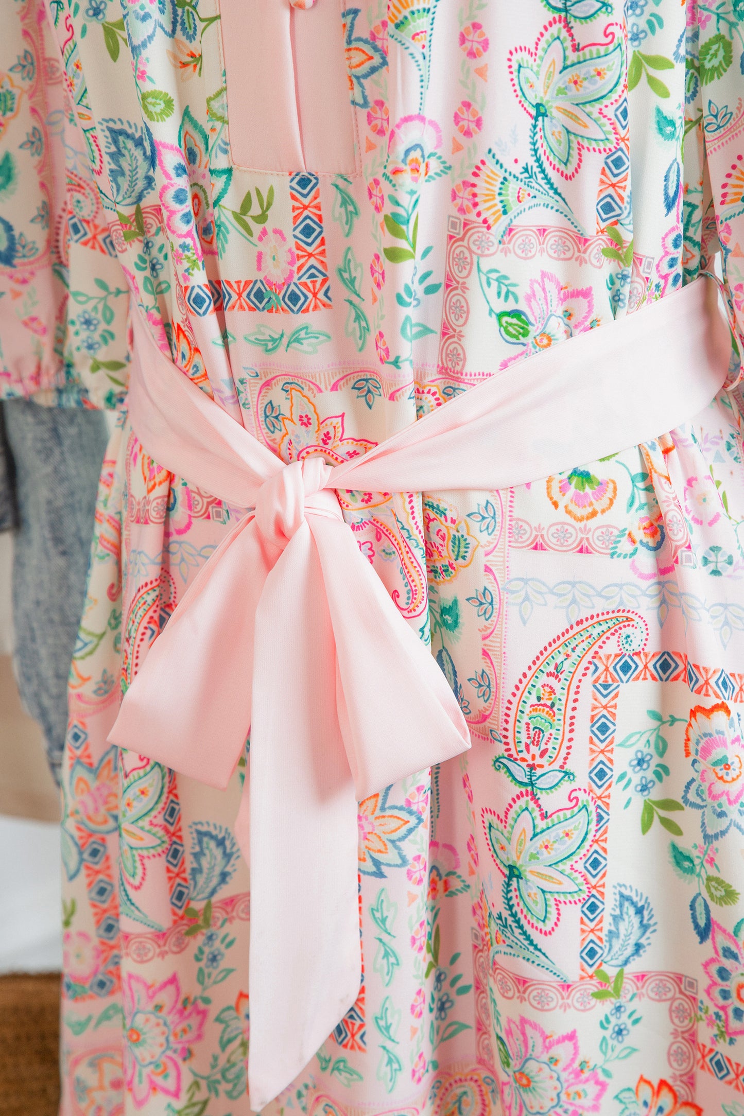 Pink Boho Floral Print Color Block Trim Half Button Belted Mini Dress-TOPS / DRESSES-[Adult]-[Female]-2022 Online Blue Zone Planet