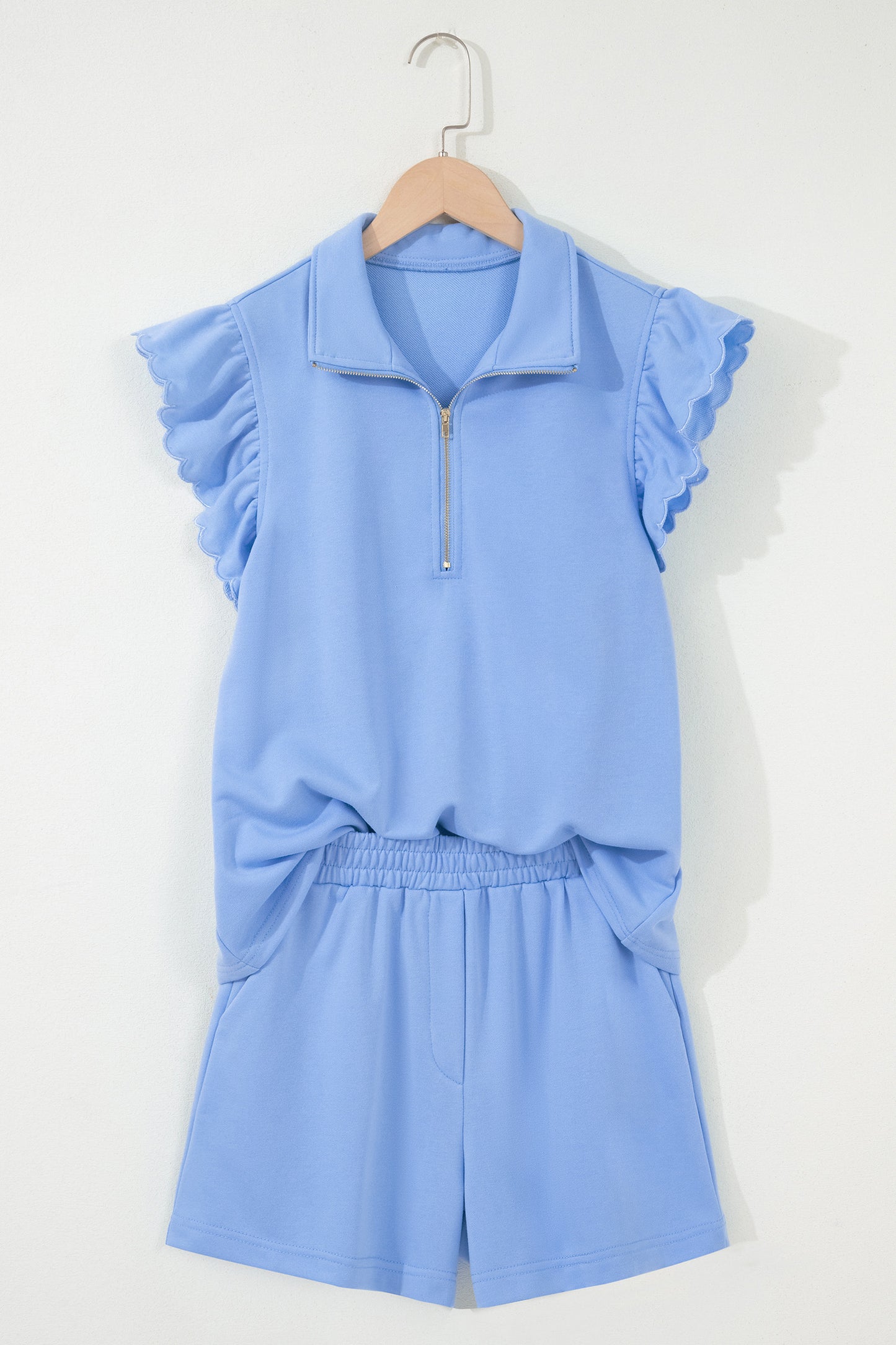 Sky Blue Half Zipped Ruffled Short Set-Two Piece Sets/Short Sets-[Adult]-[Female]-2022 Online Blue Zone Planet