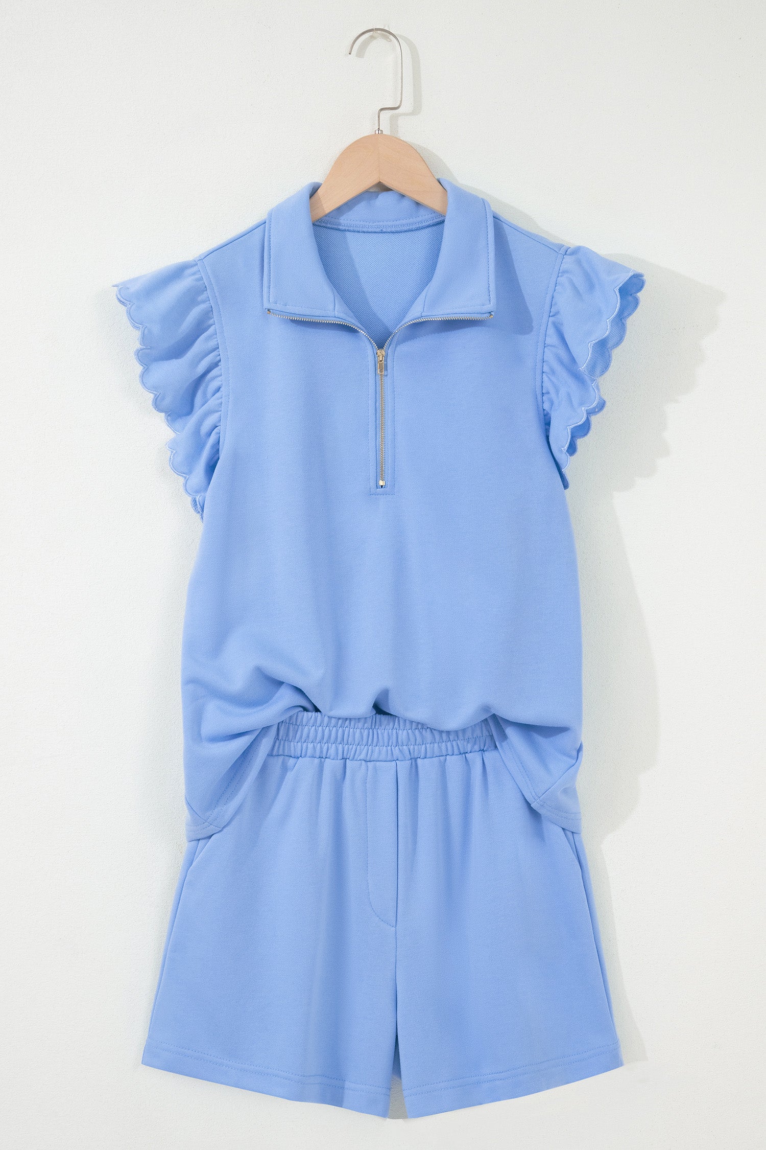 Sky Blue Half Zipped Ruffled Short Set-Two Piece Sets/Short Sets-[Adult]-[Female]-2022 Online Blue Zone Planet