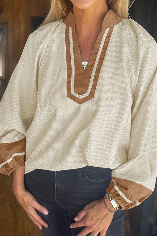 Jet Stream Color Block Patchwork Detail V Neck Textured Long Sleeve Blouse-Tops/Blouses & Shirts-[Adult]-[Female]-2022 Online Blue Zone Planet