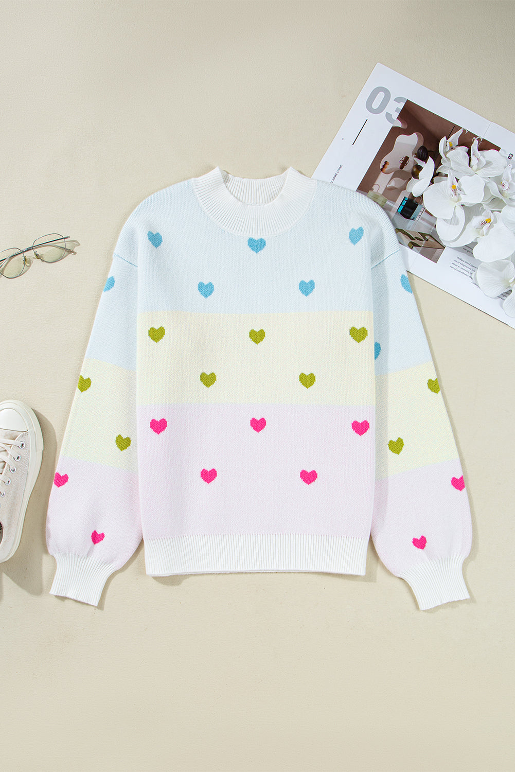 Multicolour Heart Pattern Colorblock Knit High Neck Baggy Sweater-Sweaters & Cardigans/Sweaters-[Adult]-[Female]-2022 Online Blue Zone Planet
