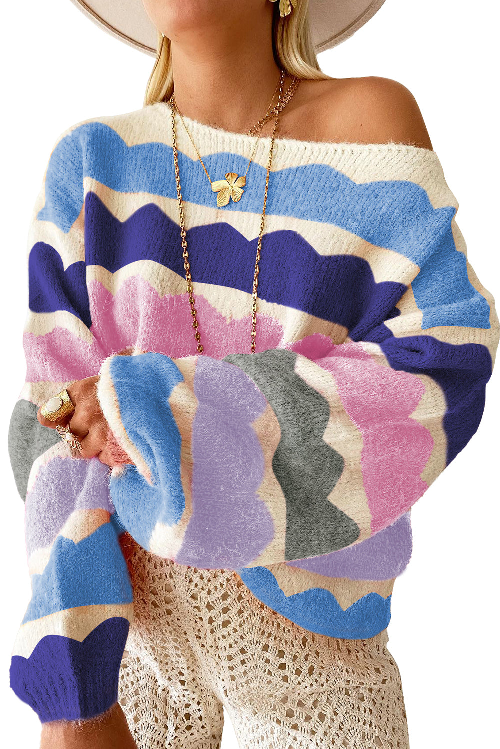 Yellow Wave Striped Balloon Sleeve Drop Shoulder Sweater-Sweaters-[Adult]-[Female]-2022 Online Blue Zone Planet