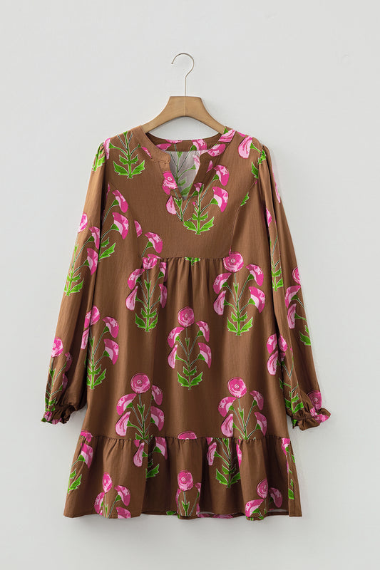Brown Contrast Floral Print Babydoll Tunic Ruffled Hem Puff Sleeve Dress-TOPS / DRESSES-[Adult]-[Female]-2022 Online Blue Zone Planet
