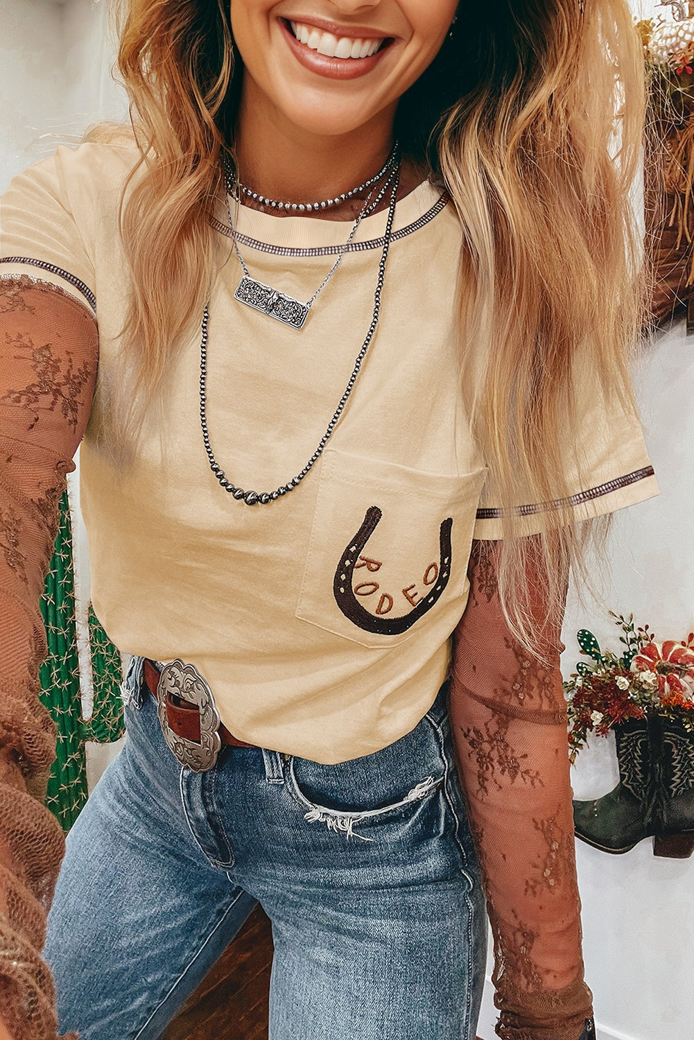 Apricot Rodeo Horseshoe Embroidered Patch Pocket T Shirt-Tops/Tops & Tees-[Adult]-[Female]-2022 Online Blue Zone Planet