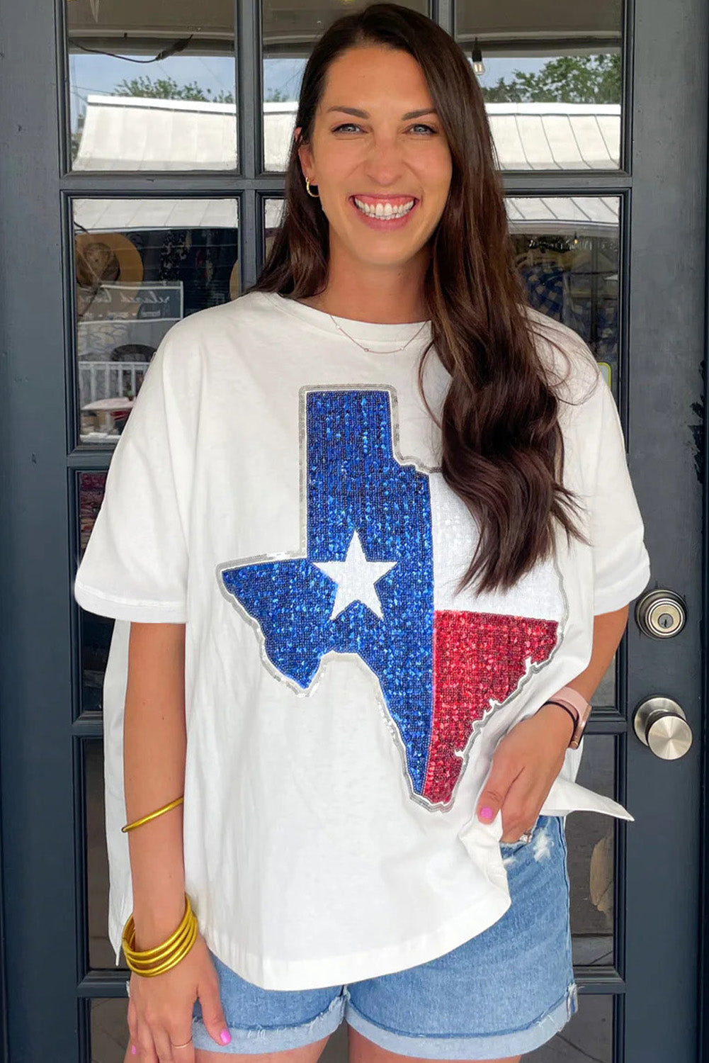 White Sequined Texas Graphic Plus Size T Shirt-Plus Size/Plus Size Tops/Plus Size Tops & Tees-[Adult]-[Female]-2022 Online Blue Zone Planet