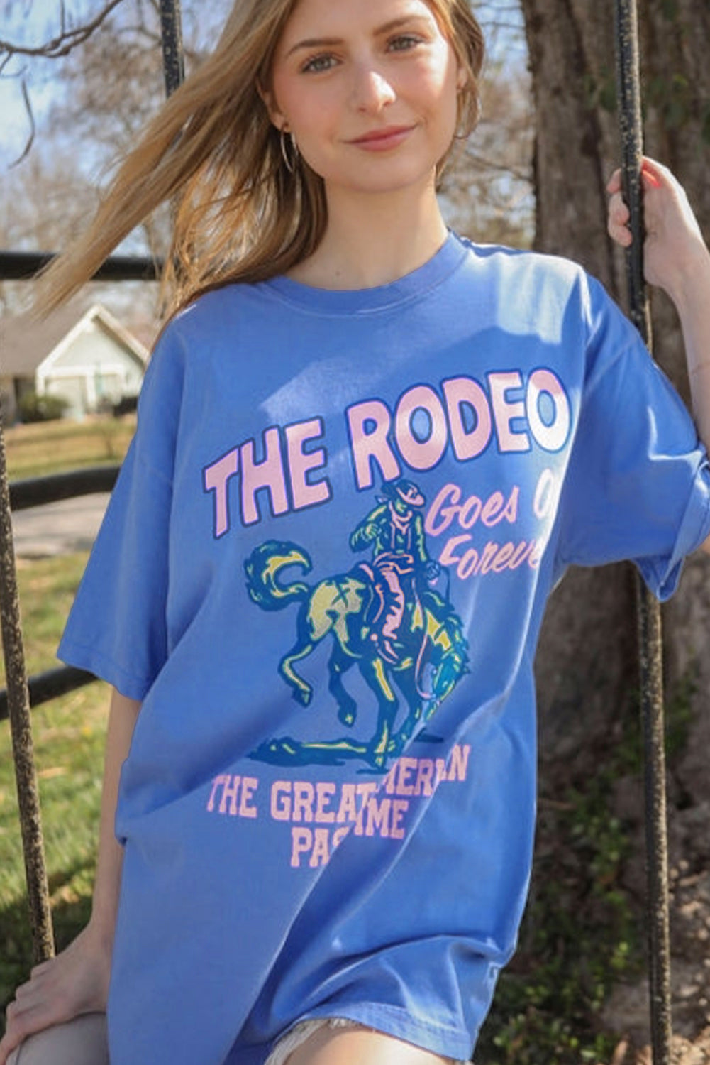 Sky Blue Rodeo Forever Western Graphic Tee-Graphic/Graphic Tees-[Adult]-[Female]-2022 Online Blue Zone Planet