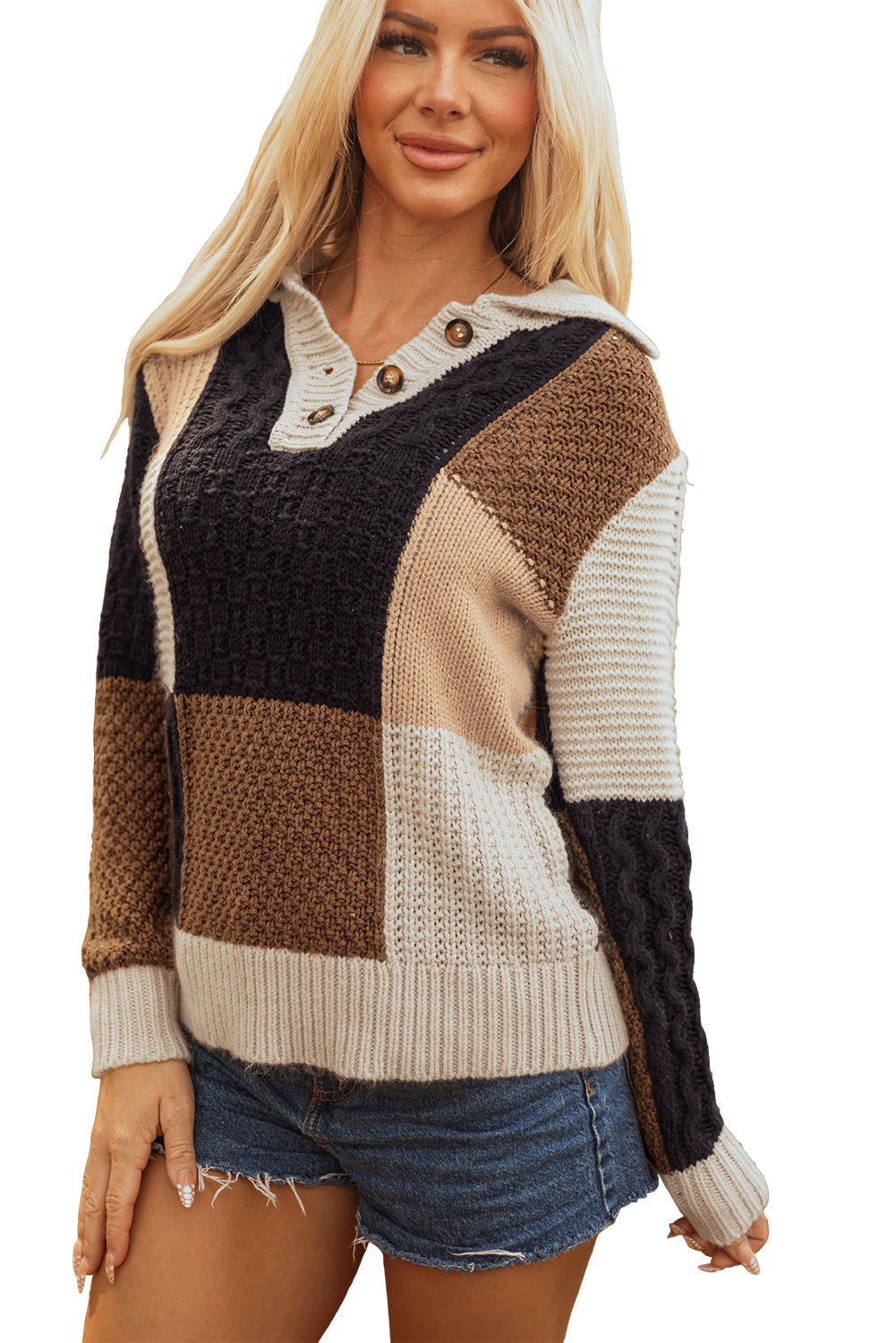 Multicolour Color Block Cable Knit Sleeve Buttons Collared Sweater-TOPS / DRESSES-[Adult]-[Female]-2022 Online Blue Zone Planet