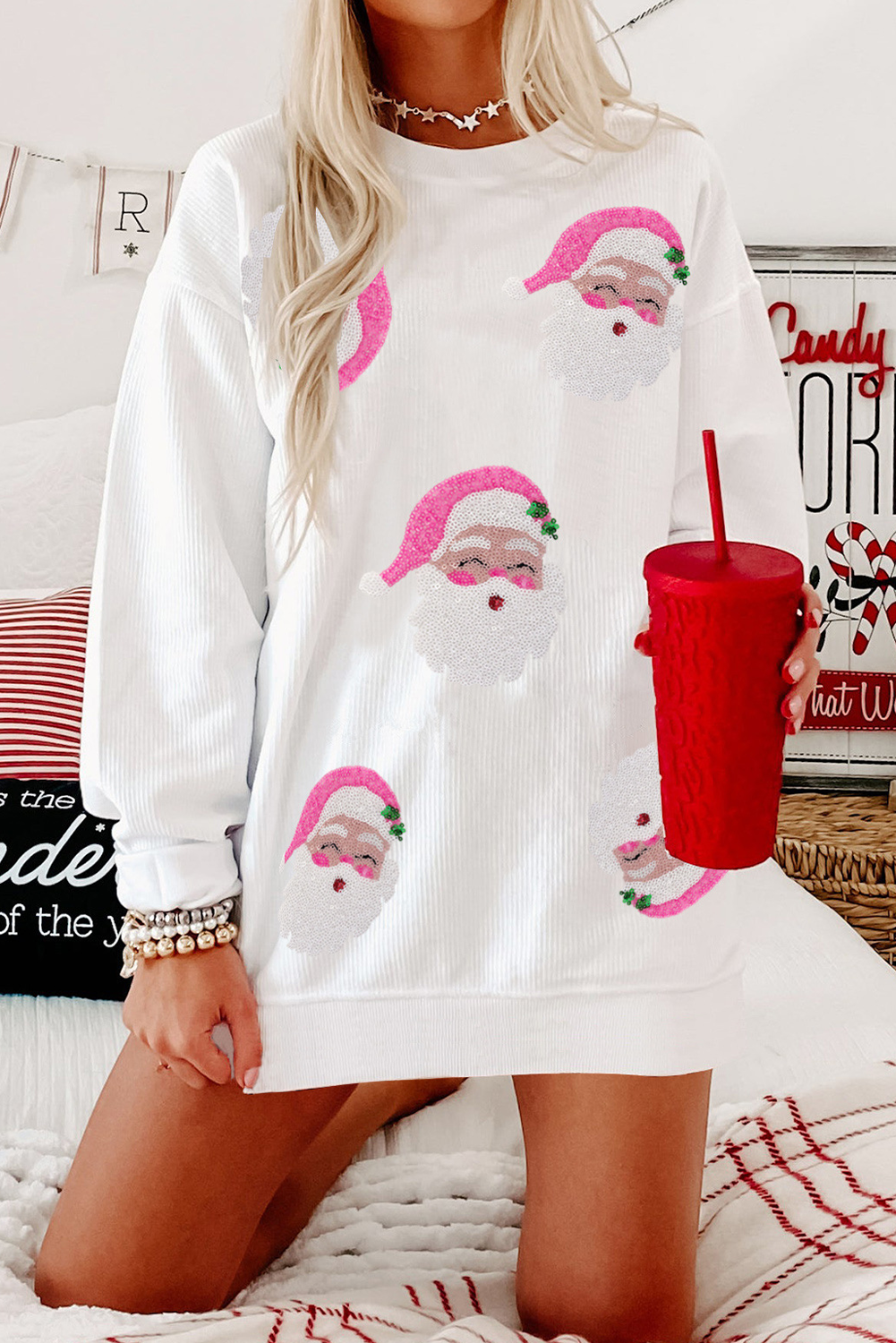 Blue Zone Planet | White Ribbed Sequin Santa Claus Graphic Christmas Sweatshirt-Sweatshirts & Hoodies-[Adult]-[Female]-2022 Online Blue Zone Planet