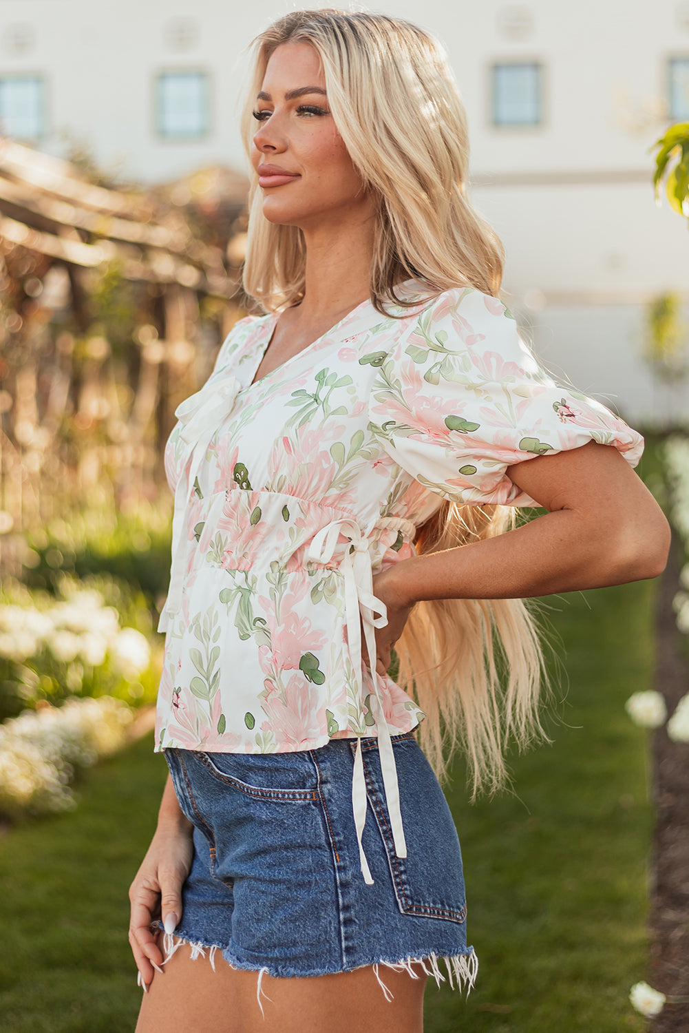 Pink Floral Puff Sleeve V Neck Tied Front Peplum Blouse-Tops/Blouses & Shirts-[Adult]-[Female]-2022 Online Blue Zone Planet