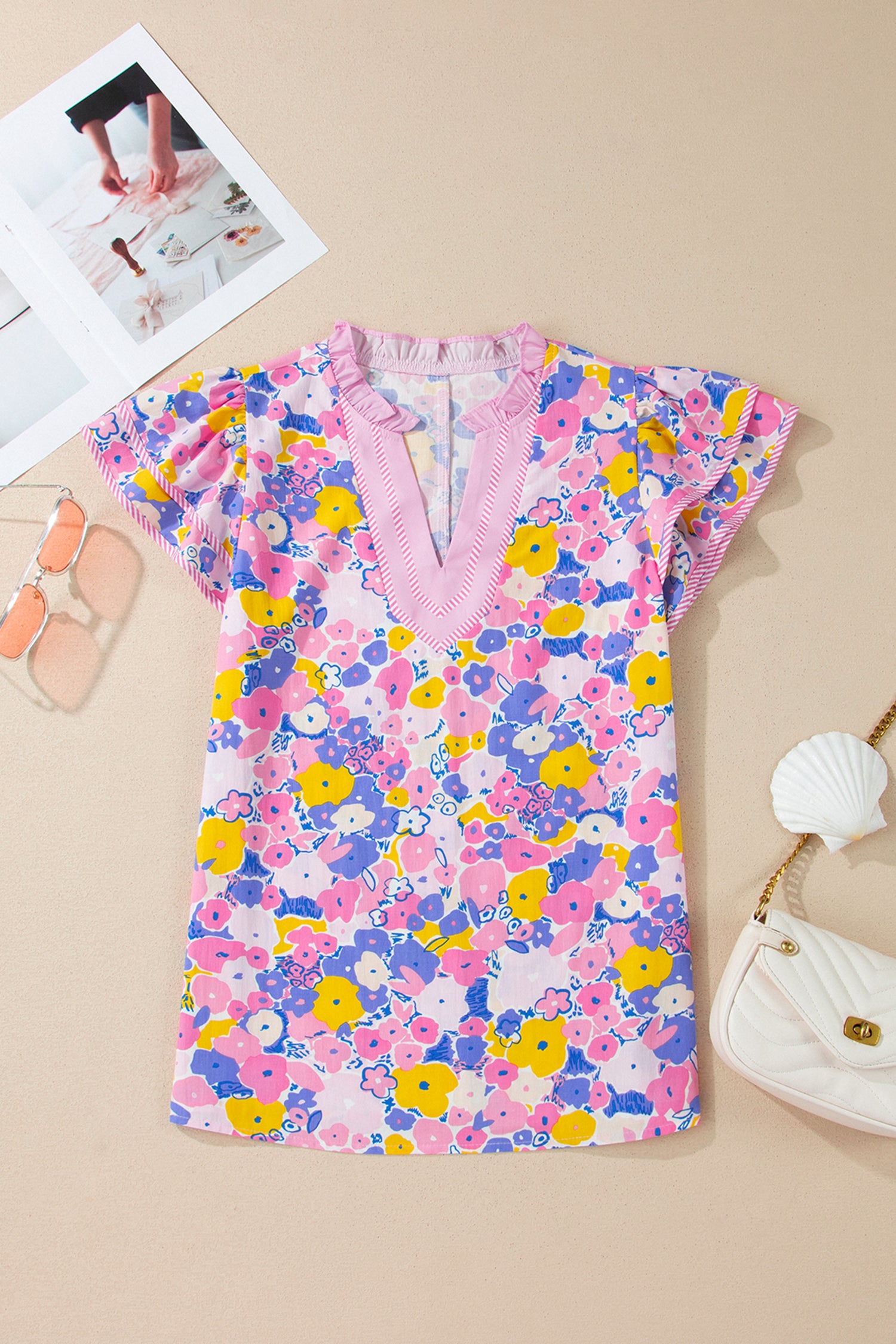 Pink Playful Floral Print Striped Color Block Patchwork V Neck Flutter Sleeve Blouse-Tops/Blouses & Shirts-[Adult]-[Female]-2022 Online Blue Zone Planet