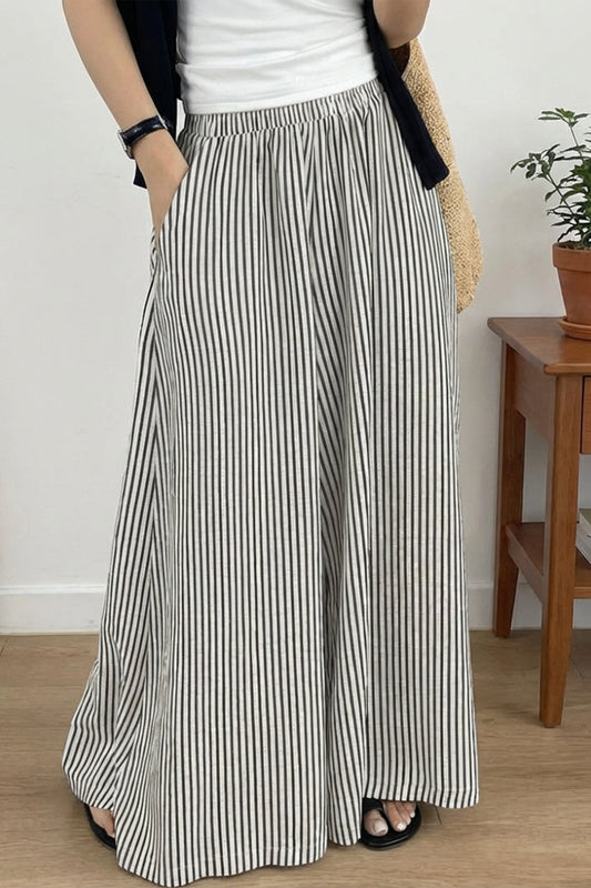 Black Stripe Elastic Waist Ultra Wide Leg Pants-Bottoms/Pants & Culotte-[Adult]-[Female]-Black Stripe-S-2022 Online Blue Zone Planet