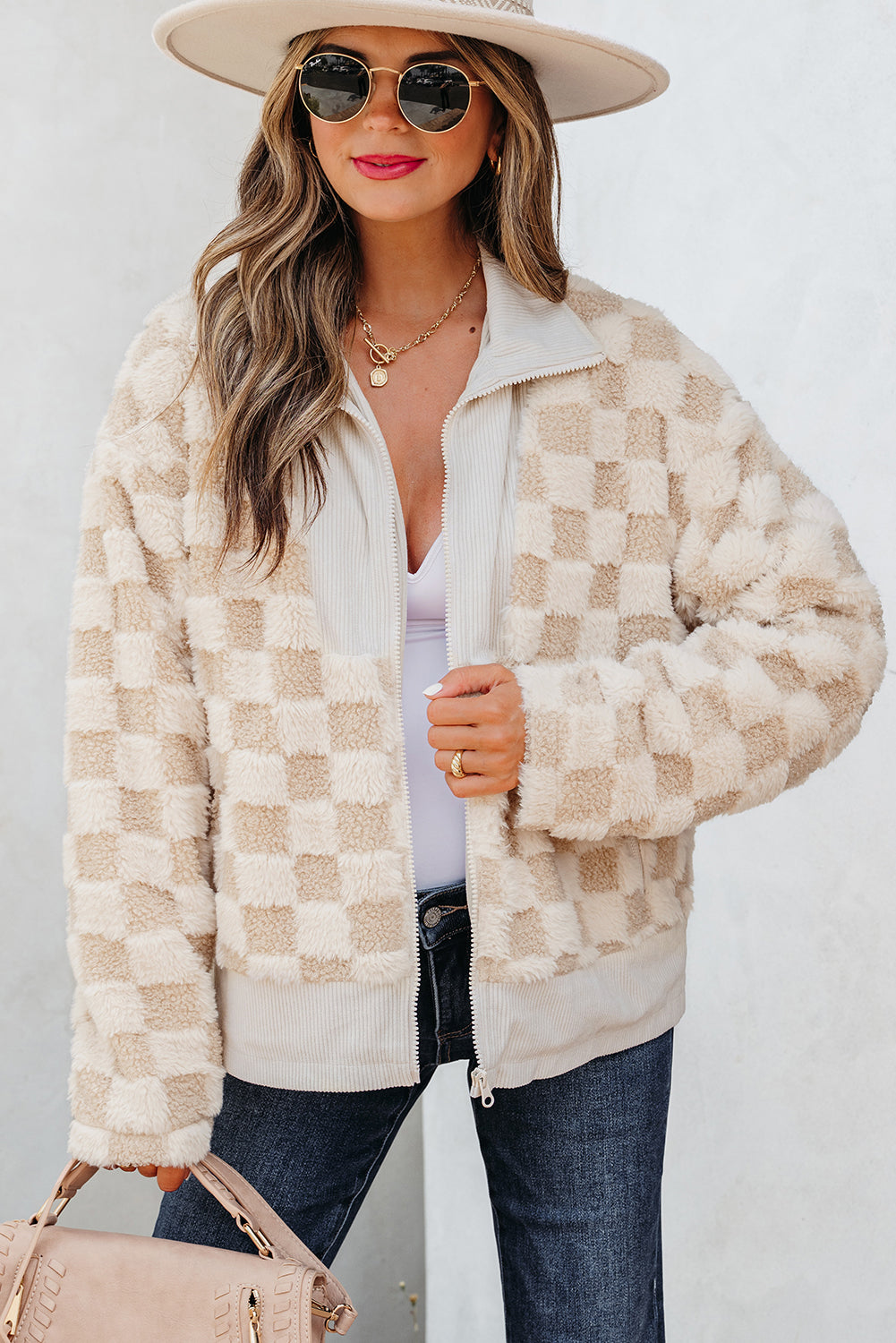 Khaki Checker Sherpa Corduroy Patchwork Zip up Collared Jacket-Outerwear/Jackets-[Adult]-[Female]-2022 Online Blue Zone Planet
