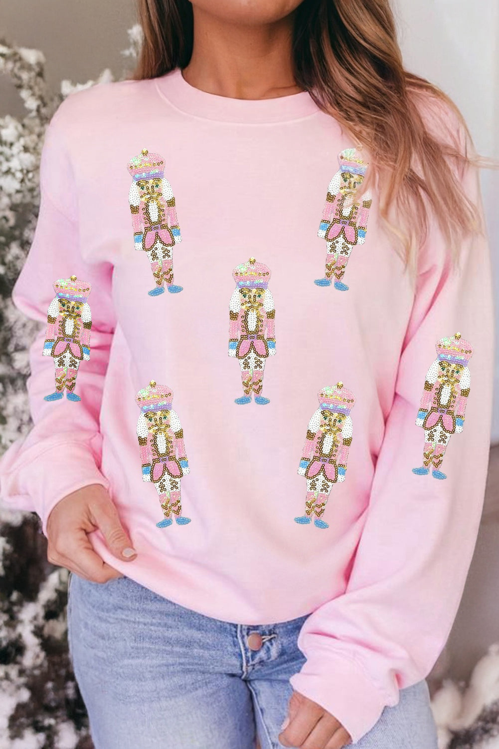 Pink Sequin Nutcracker Christmas Pullover Sweatshirt-Graphic/Graphic Sweatshirts-[Adult]-[Female]-Pink-S-2022 Online Blue Zone Planet