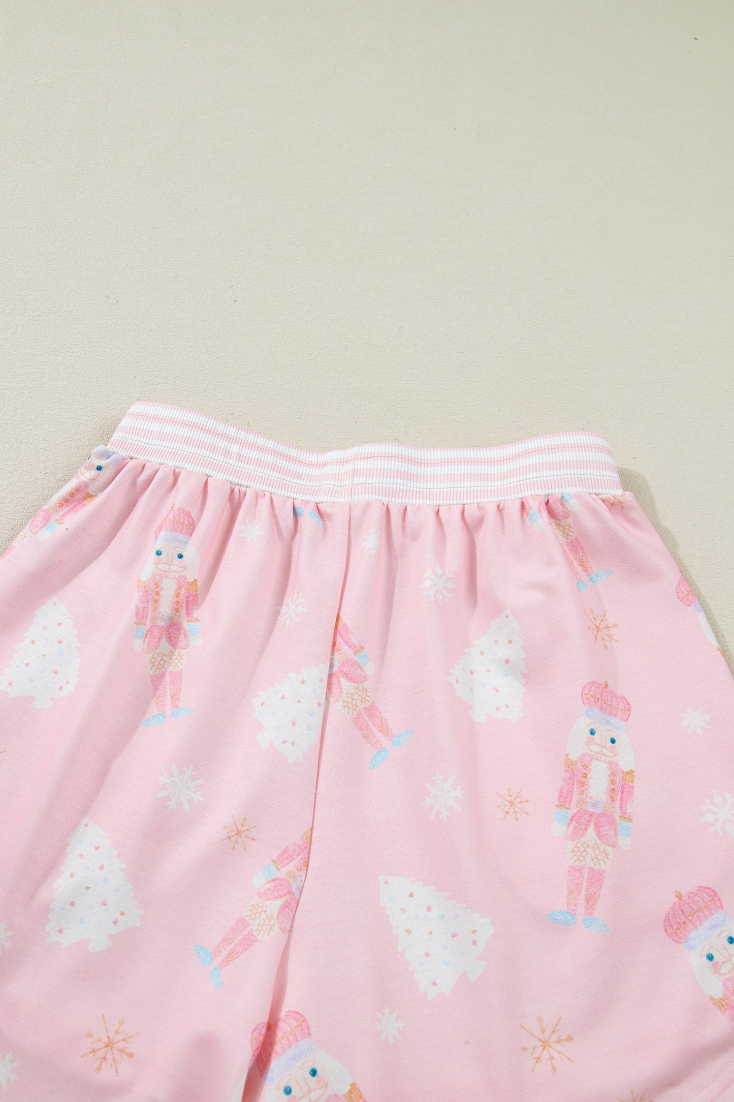 Pink Christmas Tree Nutcracker Doll Print Contrast Trim Long Sleeve Top Matching Shorts Set-Two Piece Sets/Short Sets-[Adult]-[Female]-2022 Online Blue Zone Planet