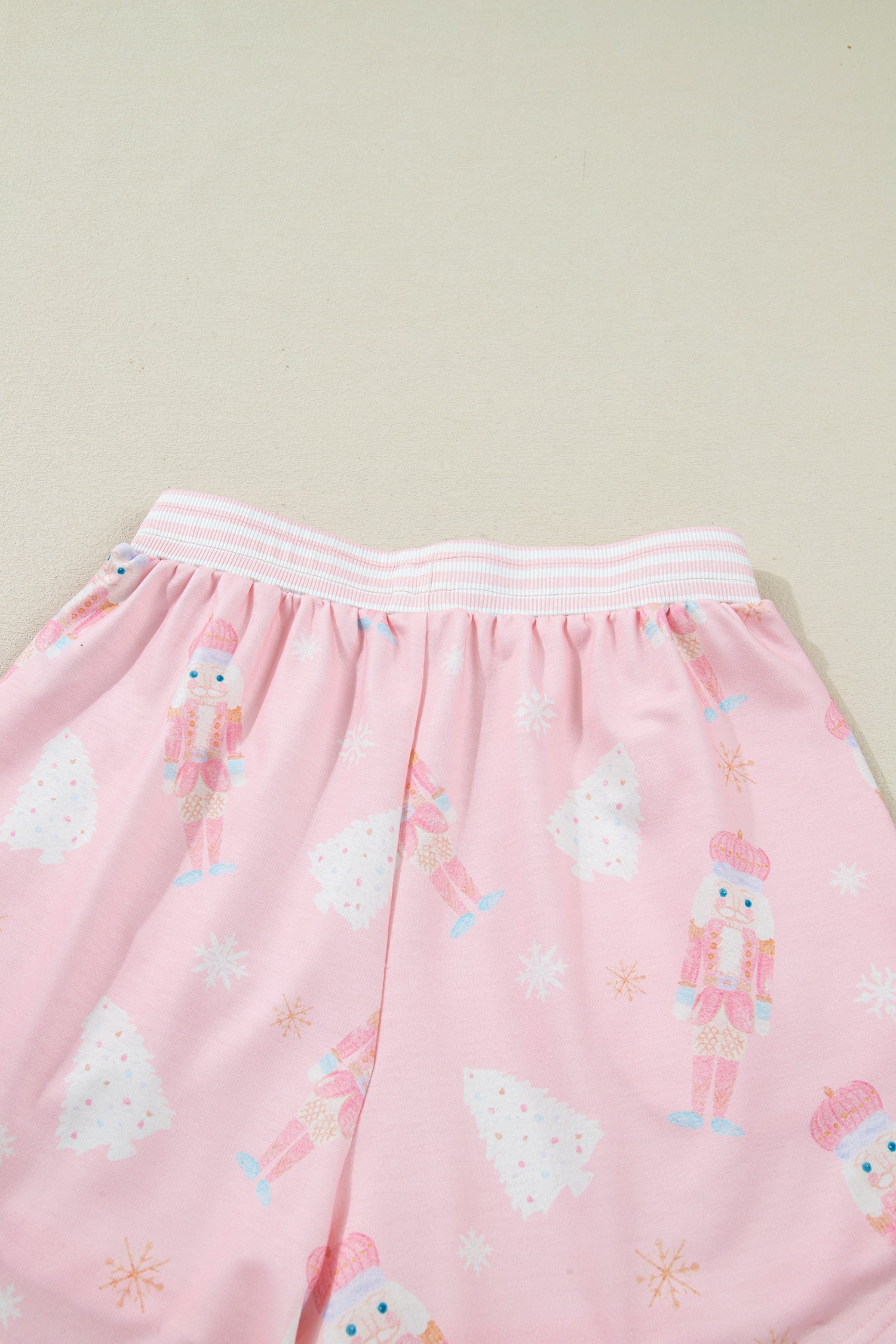 Pink Christmas Tree Nutcracker Doll Print Contrast Trim Long Sleeve Top Matching Shorts Set-Two Piece Sets/Short Sets-[Adult]-[Female]-2022 Online Blue Zone Planet