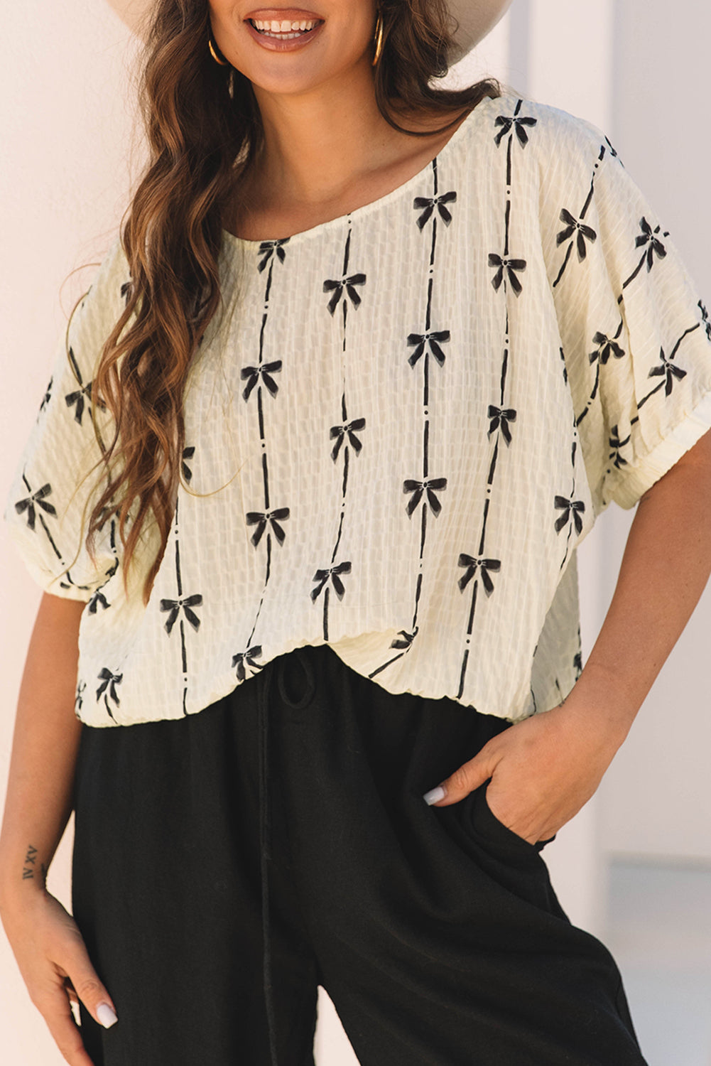 Beige Bow Print Puff Short Sleeve Top-Tops/Blouses & Shirts-[Adult]-[Female]-2022 Online Blue Zone Planet