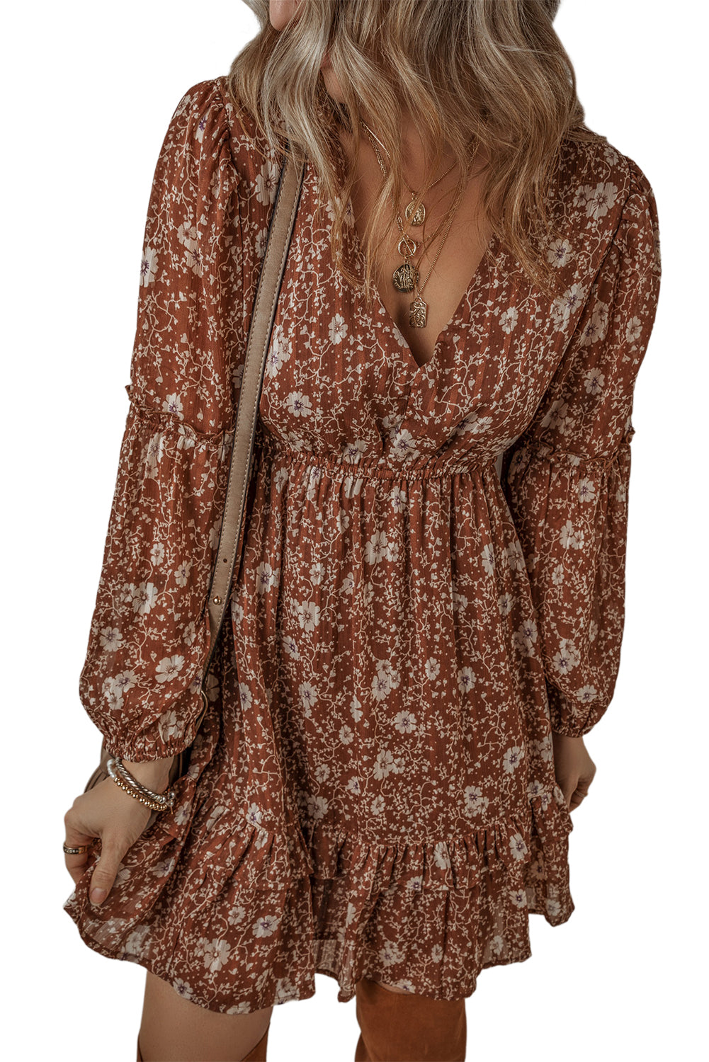 Blue Zone Planet | Brown Boho Floral Ruffled Puff Sleeve V Neck Mini Dress-TOPS / DRESSES-[Adult]-[Female]-2022 Online Blue Zone Planet