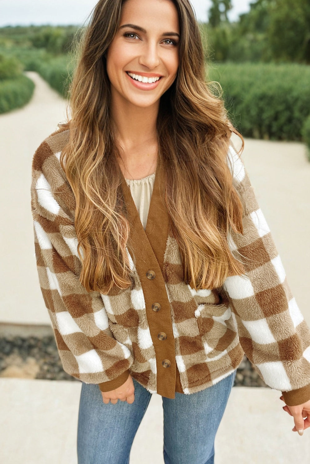 Brown Checkered Sherpa Loose Knit Cardigan With Pockets-Sweaters & Cardigans/Cardigans-[Adult]-[Female]-2022 Online Blue Zone Planet