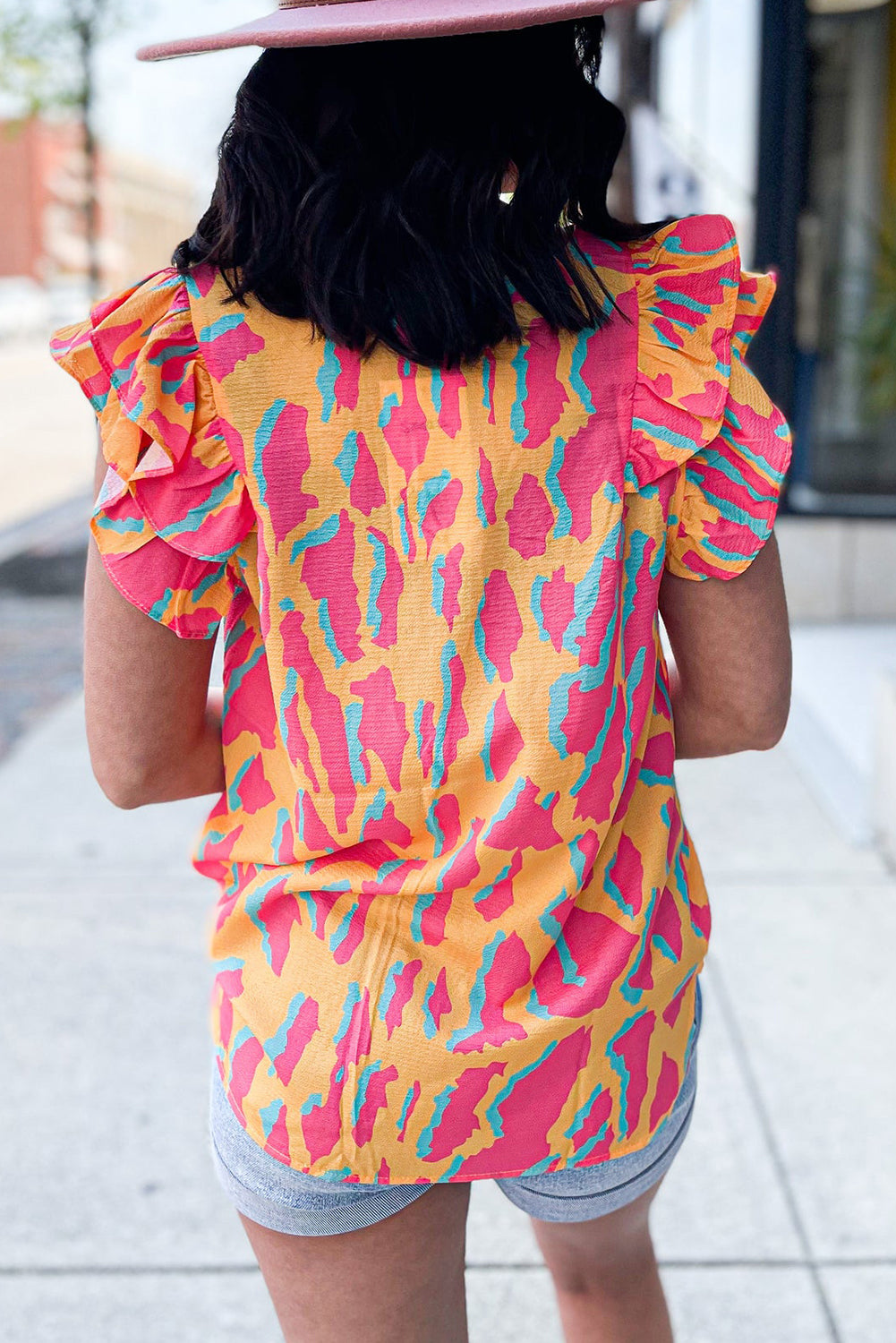 Orange Abstract Print V Neck Ruffled Sleeve Blouse-Tops/Blouses & Shirts-[Adult]-[Female]-2022 Online Blue Zone Planet