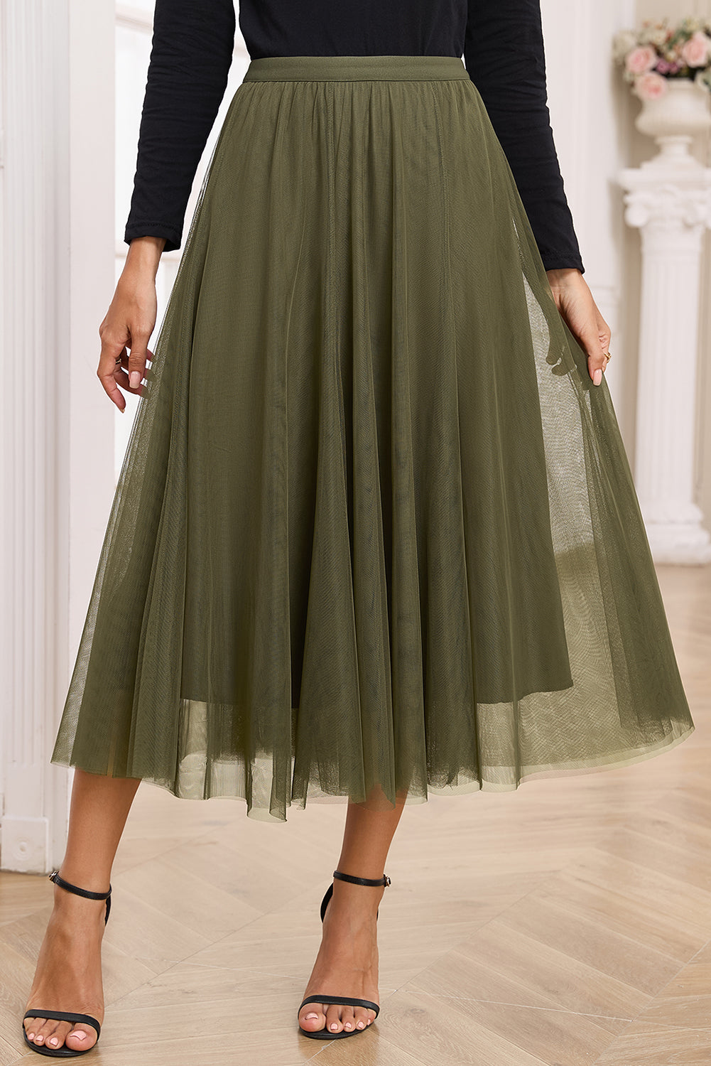 Jungle Green Tulle Mesh Overlay Flared Midi Skirt-Bottoms/Skirts & Petticoat-[Adult]-[Female]-2022 Online Blue Zone Planet