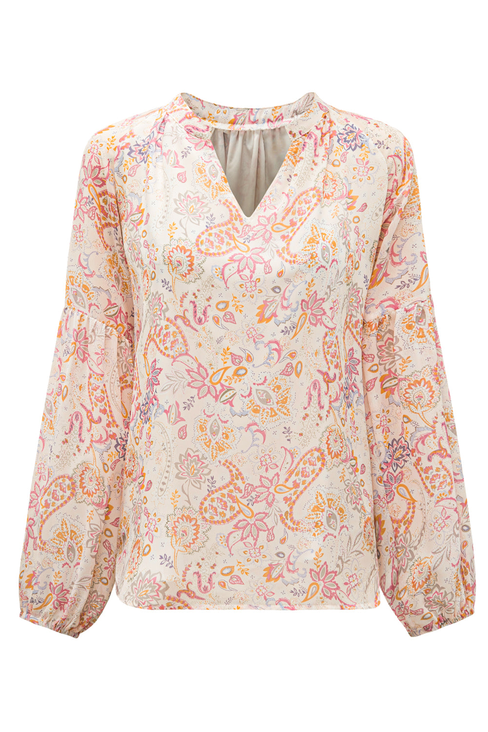 Golden Apricot Floral Print V Neck Long Puff Sleeve Top-Tops/Blouses & Shirts-[Adult]-[Female]-2022 Online Blue Zone Planet