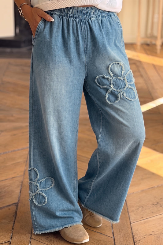 Beau Blue Frayed Floral Patch Wide Leg Raw Hem Wide Leg Jeans-Bottoms/Jeans-[Adult]-[Female]-Beau Blue-4-2022 Online Blue Zone Planet