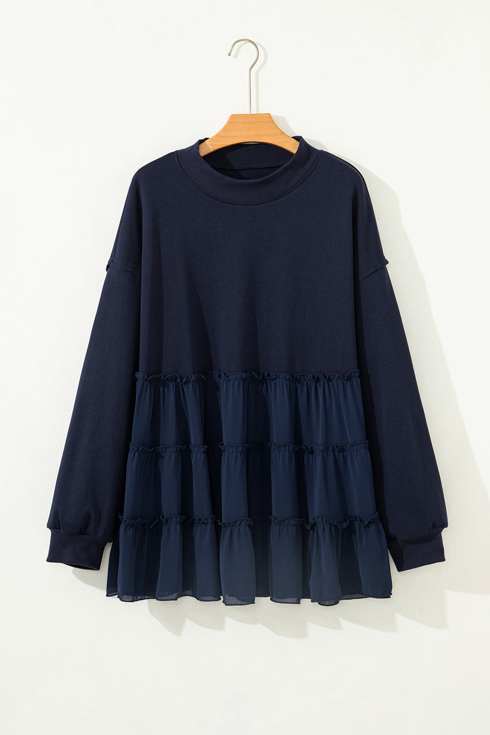 Navy Blue Tiered Ruffle Ribbed Crew Neck Pullover Plus Size Top-Plus Size/Plus Size Tops/Plus Size Blouses & Shirts-[Adult]-[Female]-2022 Online Blue Zone Planet