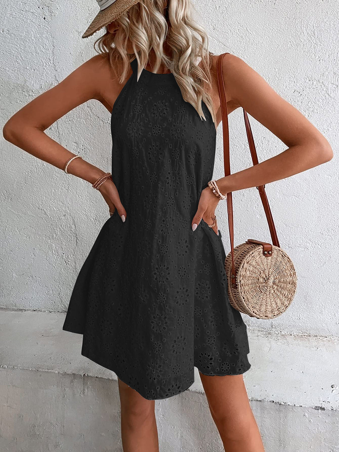 Eyelet Grecian Neck Mini Dress White / S Eyelet Grecian Neck Mini Dress White / S