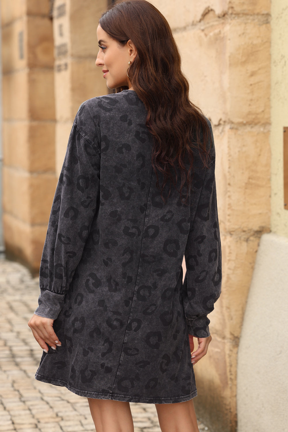 Blue Zone Planet |  Leopard Round Neck Long Sleeve Dress