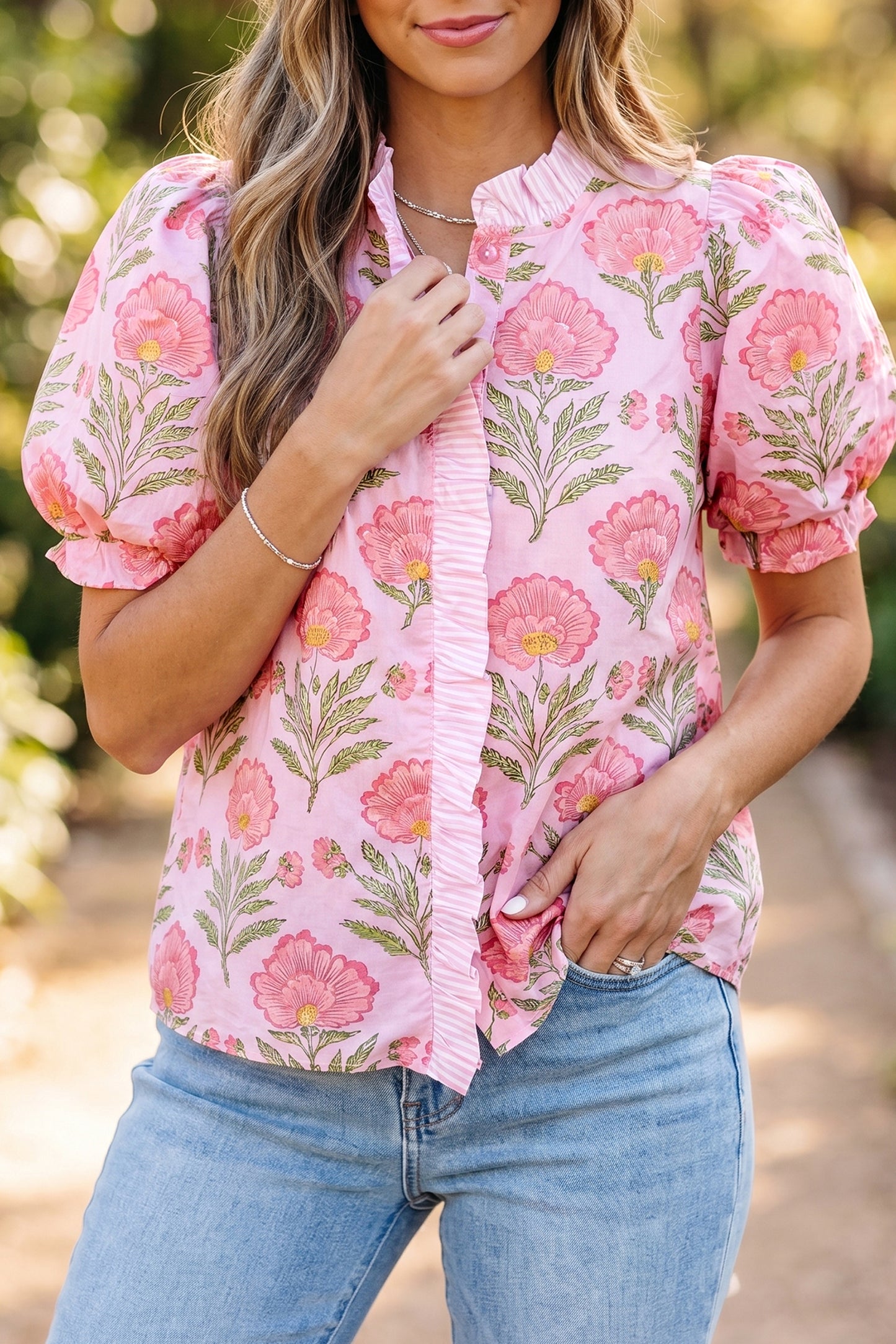 Pink Sweet Blooms Ruffle Striped Trim Puff Sleeve Shirt-Tops/Blouses & Shirts-[Adult]-[Female]-2022 Online Blue Zone Planet