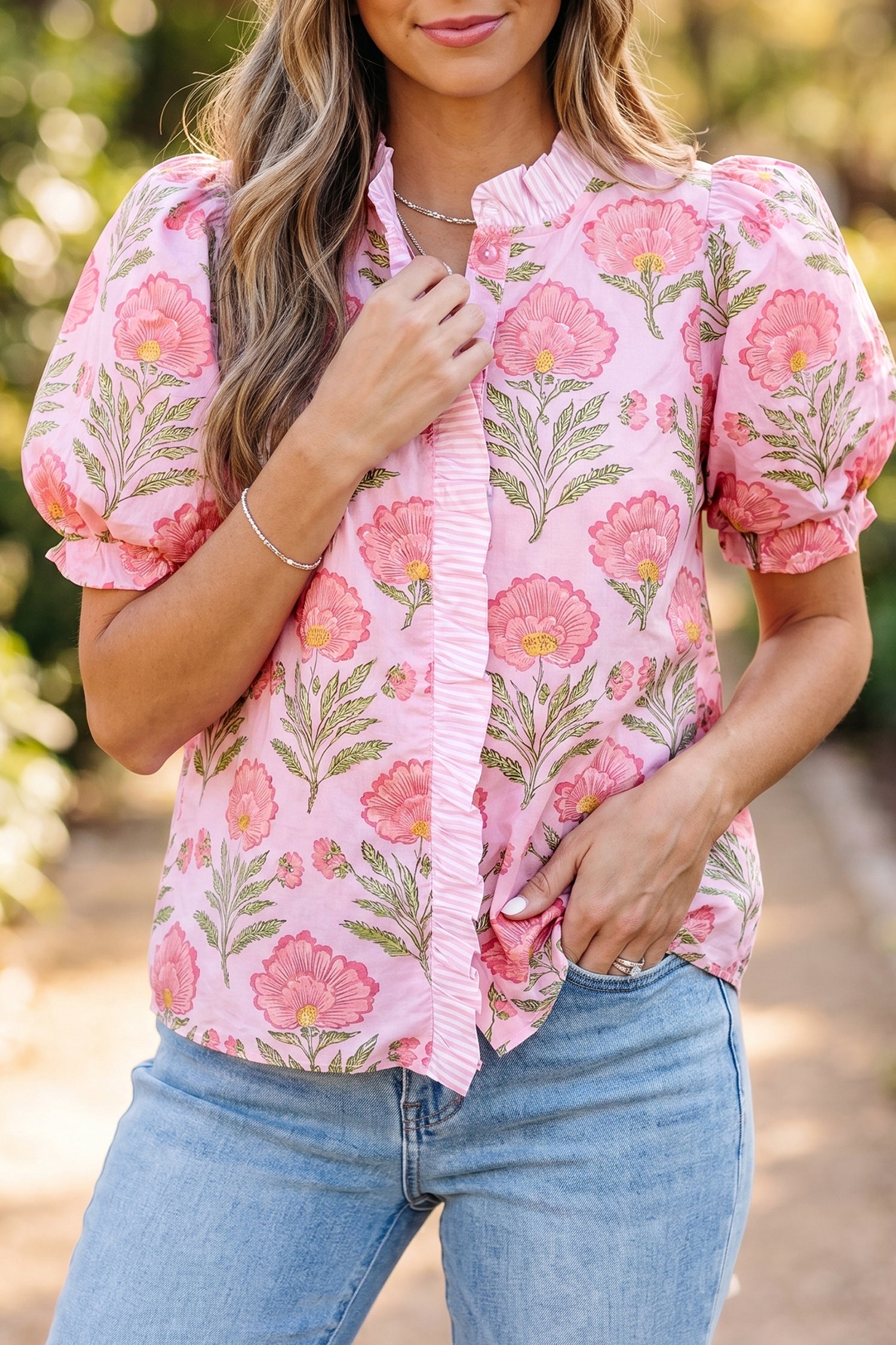 Pink Sweet Blooms Ruffle Striped Trim Puff Sleeve Shirt-Tops/Blouses & Shirts-[Adult]-[Female]-2022 Online Blue Zone Planet