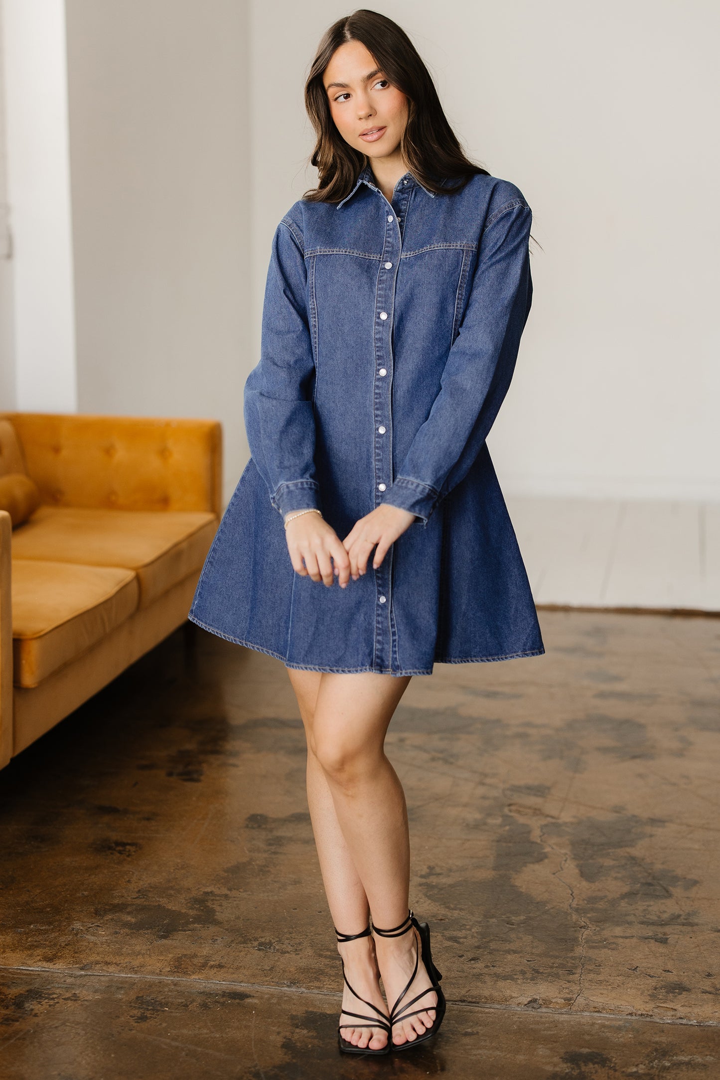 Ashleigh Blue Denim Shirt Collar Long Sleeve Flared Mini Dress-TOPS / DRESSES-[Adult]-[Female]-2022 Online Blue Zone Planet