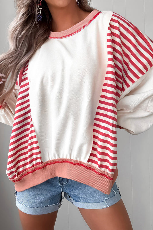 Red Stripe Colorblock Patchwork Contrast Stitching Oversize Sweatshirt-Tops/Sweatshirts & Hoodies-[Adult]-[Female]-2022 Online Blue Zone Planet