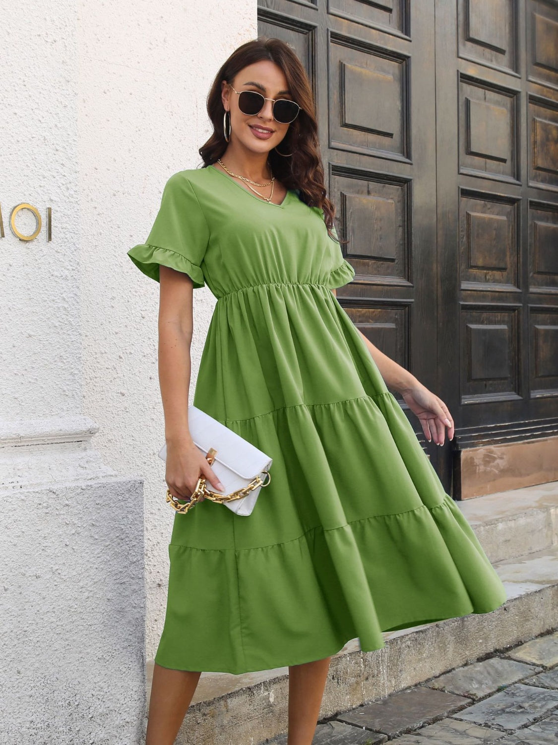 Blue Zone Planet | V-Neck Short Sleeve Midi Dress-TOPS / DRESSES-[Adult]-[Female]-Matcha Green-S-2022 Online Blue Zone Planet