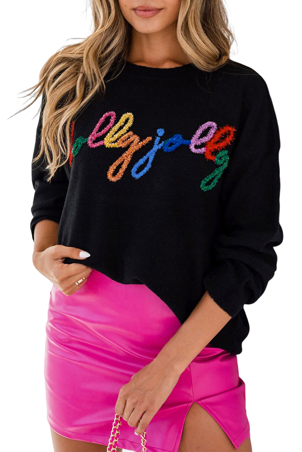 White Glitter Merry & Bright Round Neck Knit Sweater-Sweaters-[Adult]-[Female]-2022 Online Blue Zone Planet